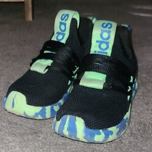 Adidas Kids Black Sneakers with Neon Green & Blue Accents